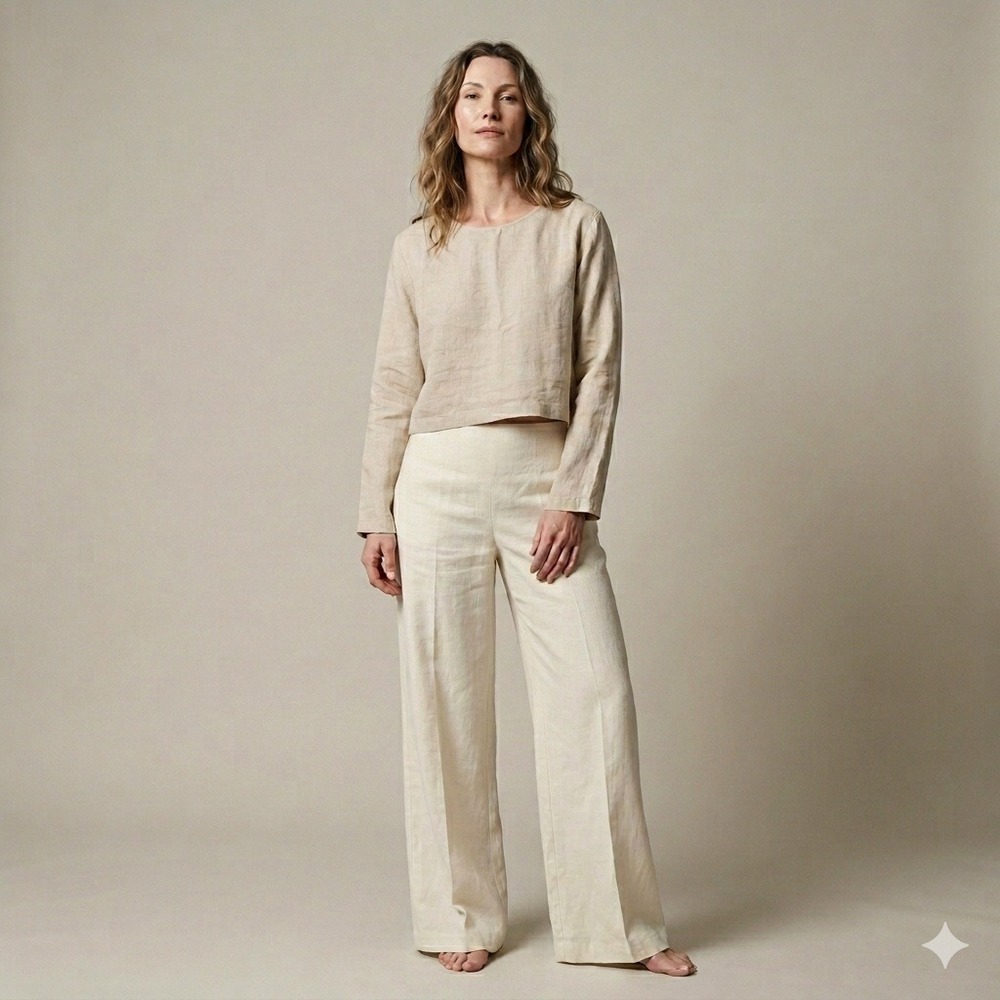 Filosofia Womens Beige 100% Linen Long Sleeve Boxy Top Made in‎ USA Large